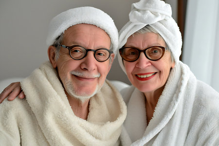 Happy senior couple sitting in relaxation room after sauna session in spaの素材