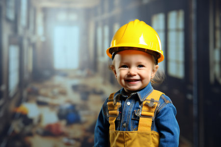 portrait of a little boy wearing a mason helmet, young builderの素材