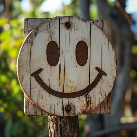 Smile Face icon on wooden background.の素材