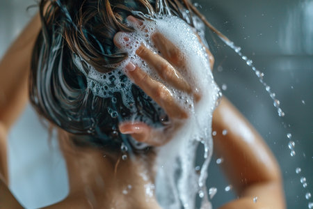 Young woman washes her hair with shampoo and hands with foam closeup.の素材