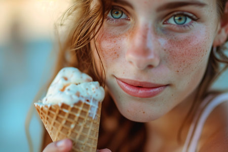 Close up image of woman eating her favorite tasty cone ice-cream, wearing white clothes and accessory, Vintage style.の素材