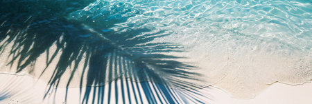 Water background. Blue aqua texture, surface of ripples, transparent palm leaf shadows and sunlight. Spa concept background. Flat lay, top view, copy space, bannerの素材