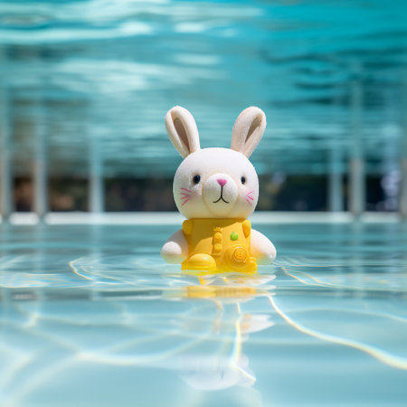 bunny is floating in the pool. Children and children's toys.の素材
