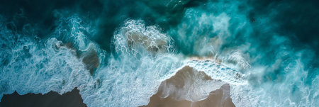 Panoramic aerial view of the sea Top view aerial photo of an seascape. Ocean wave with foam and rocks. Turquoise waterの素材