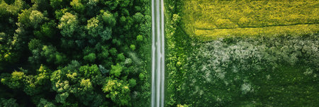 Aerial view of road in beautiful green forest in spring. Colorful landscape with car on the roadway, trees in summer. Top view from drone of highway. View from above. Travel.の素材