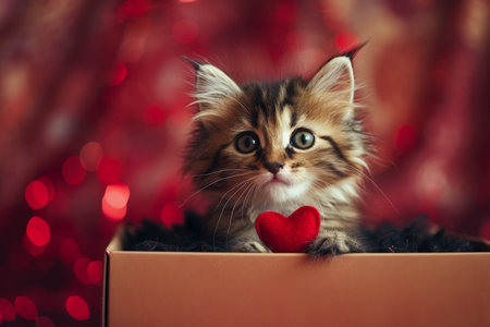 Cute fluffy kitten with gift boxの素材