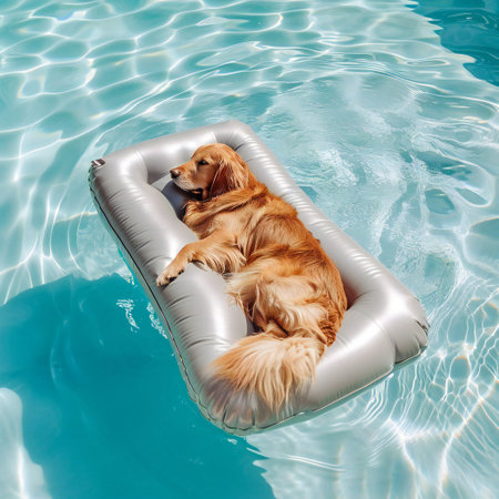 dog floating on a air mattress in a poolの素材