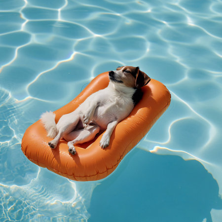 dog floating on a air mattress in a poolの素材