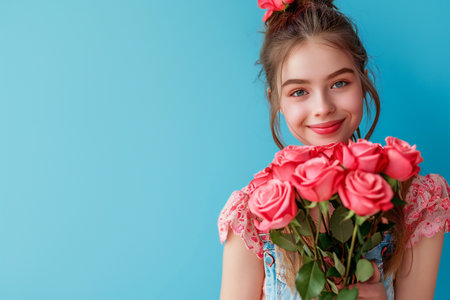 Portrait of gorgeous positive girl hands hold rose bouquet empty space isolated on blue color backgroundの素材