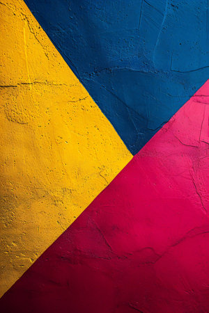 Yelllow blue red colored paper background. Geometric figures, shapes, lines. Abstract geometric flat composition. Empty space on multicolored cardboard. Card board background. Diagonal directionの素材