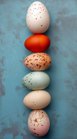 Easter eggs colorful in row with hard Shadow at sunlight, wooden background. Chicken eggs minimal...