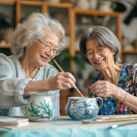 Happy senior woman artist teaching her friend how to paint cermaic cup, artcraft concept.の素材