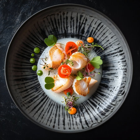 Cooked fresh prawns . Michelin dinner seafood. Gourmet food healthy on plate. top view.の素材