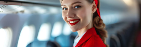 Flight attendant waiting for the passengers to boardの素材