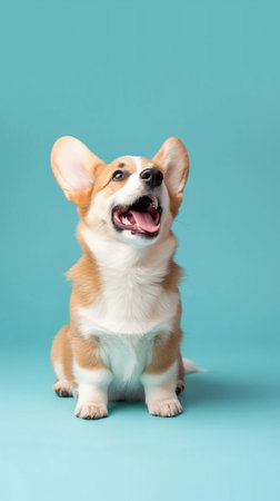 Full body portrait Corgi purebred dog on blue background, vertical.の素材