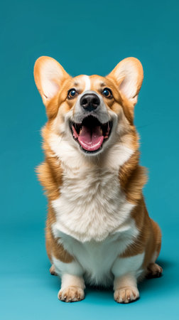 Full body portrait Corgi purebred dog on blue background, vertical.の素材