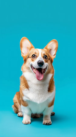 Full body portrait Corgi purebred dog on blue background, vertical.の素材