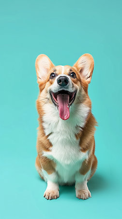 Full body portrait Corgi purebred dog on blue background, vertical.の素材
