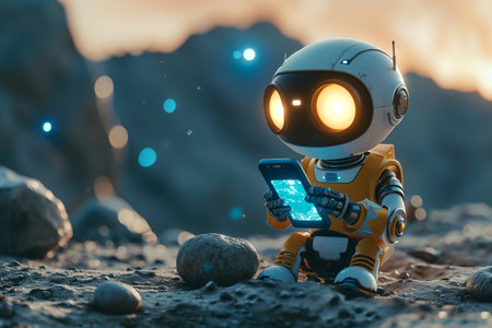 Cute neon cartoon robot. AI Content Generator. Chatbot technology, isometric. Technology and engineering. AI chat bot based on artificial intelligence and neural networks. Online training banner.の素材