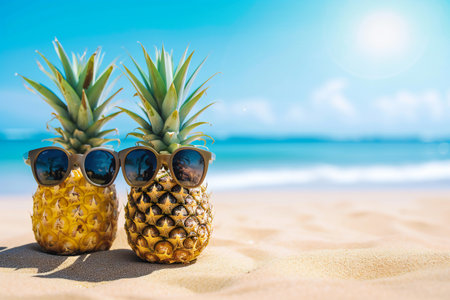 Hipster pineapples couple with sunglasses on a sandy at tropical beach. empty space, banner.の素材