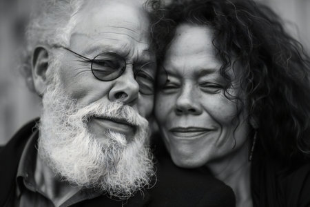 Close up black-and-white portrait of grey-haired man and woman standing closely. Isolated on grey backgroundの素材
