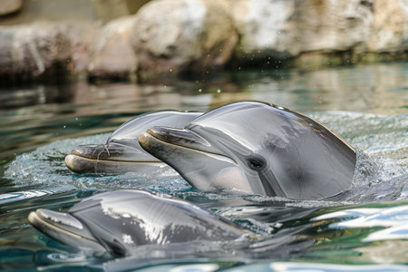 Dolphins, swimming in the ocean and hunting for fish. Dolphins swim and jumping from the water. The Long-beaked common dolphin (scientific name: Delphinus capensis) in atlantic ocean.の素材
