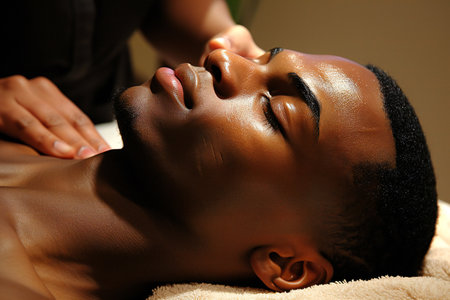 Young African Man Receiving Forehead Massage In Spaの素材