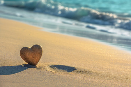 Sandy heart shape silhouette at sunset sea beach, valentines day, wedding, honeymoon or love greeting card concept.の素材