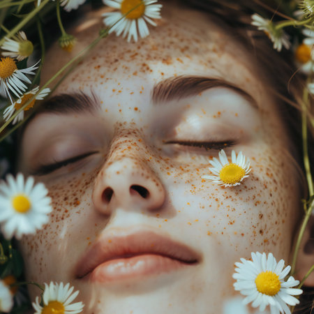 The beautiful woman lies in the field of chamomilesの素材
