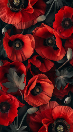 Red poppies on vertical blank banner background.の素材