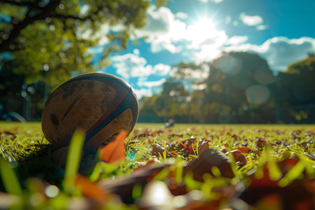 Rugby ball in the ground on a sunny dayの素材