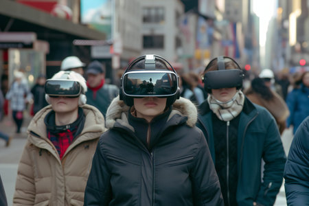 Group of people walking in the street in augmented reality headset. Virtual reality and futuristic technology concept in still lifeの素材