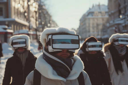 Group of people walking in the street in augmented reality headset. Virtual reality and futuristic technology concept in still lifeの素材