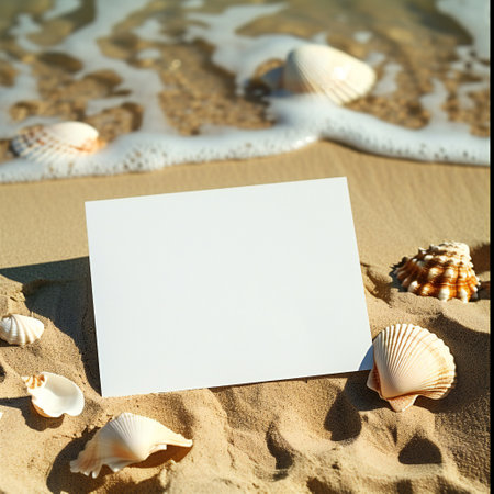 holiday beach concept with shells, seastars and an blank postcardの素材