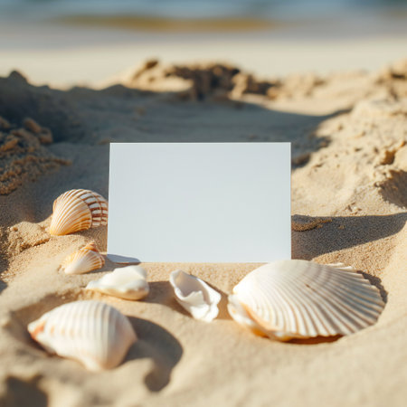 holiday beach concept with shells, seastars and an blank postcardの素材