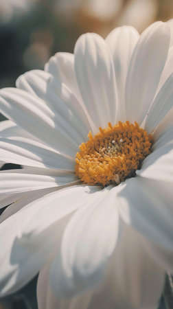 Vertical close-up snapshot of flower bed of daisies against a green background. One bid daisy on foreground, many others are blurred on backgroundの素材