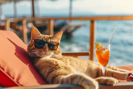 Cat wearing sunglasses relaxing sitting on deckchair in the sea background.の素材
