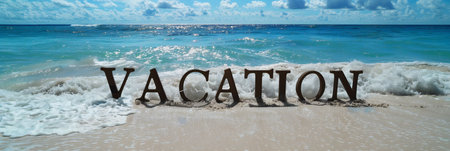 text vacation written on a sandy tropical beach, panoramic banner.の素材