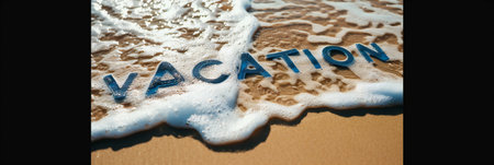 text vacation written on a sandy tropical beach, panoramic banner.の素材