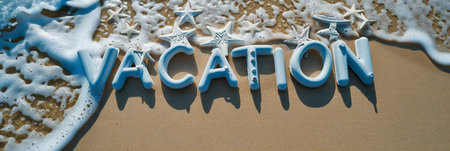 text vacation written on a sandy tropical beach, panoramic banner.の素材