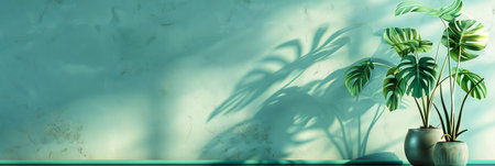 Banner Green plant potted monstera on empty pastel green wall background place for your text - botany and potted plant concept, panoramic.の素材