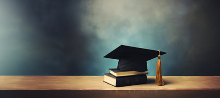 graduation cap, hat with books on wood table Empty ready for your product display or montage. Panoramicの素材