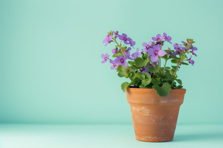 the flowers are lilac viola in the pot on pastel green background, empty space, horizontal banner.の素材
