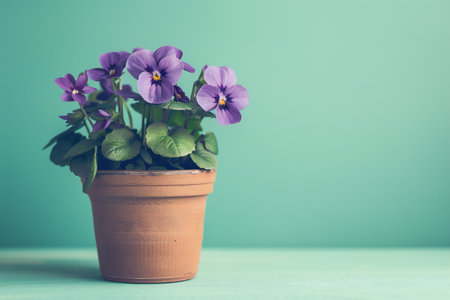 the flowers are lilac viola in the pot on pastel green background, empty space, horizontal banner.の素材