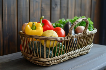 Vegetables . Fresh Bio Vegetable in a Basket. on wooden table.の素材