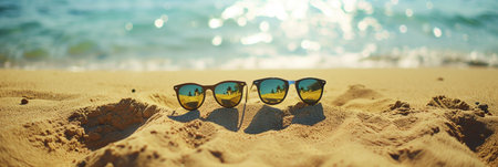 Two pair of sunglasses on sandy beach on blue ocean background, panorama.の素材