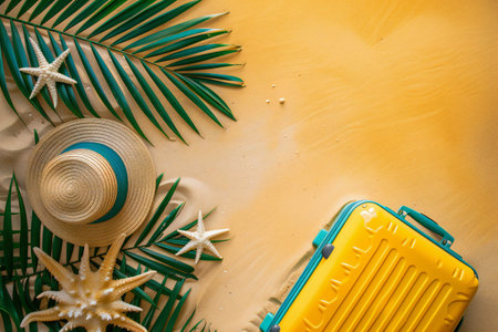 Dive into summer vacation vibes. Top view of a suitcase with beach gear, sunglasses, sunhat, towel, and palm leaves on a sandy beach background, offering a blank area for text or advertisingの素材
