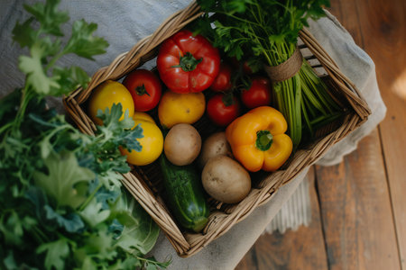 Fresh farm harvest in a basket, view from aboveの素材