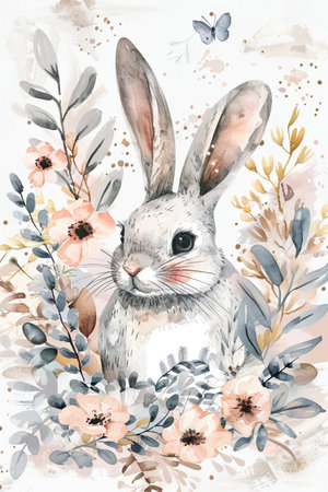 Easter rabbit with spring flowers and leaves wreath watercolor. Cute vintage bunny isolated on white background.の素材