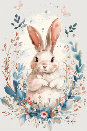 Easter rabbit with spring flowers and leaves wreath watercolor. Cute vintage bunny isolated on white background.の素材